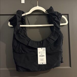 Zara black crop top ruffle Black Blouse